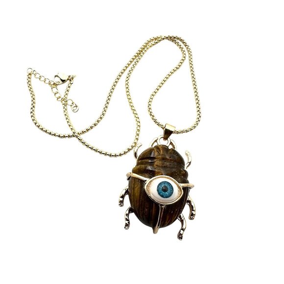 Evil Eye Necklace Tiger's Eye Gemstone Scarab Beetle Pendant Gold Plated - Picture 3 of 4